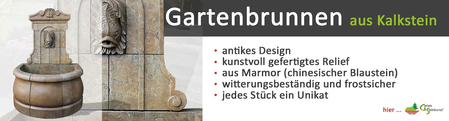 Antiker Wandbrunnen (Gartenbrunnen) aus Kalkstein mit Fischkopf-Auslauf