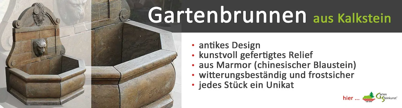 Gartenbrunnen als Wandbrunnen aus Kalkstein Löwenkopf-Auslauf